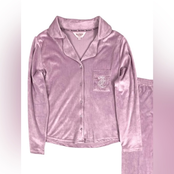 Juicy Couture Women’s Velvet Fleece Button Down Shirt and Pants Mauve Pajama Set - Picture 2 of 11